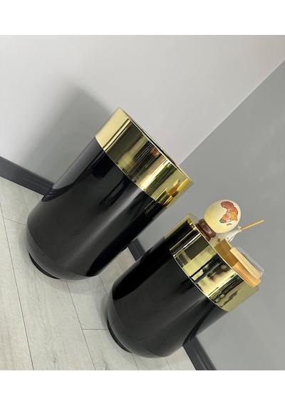 Dekoratif Gold Darbuka Parlak Siyah Saksı 70cm + Sehpa 60cm İkili Set