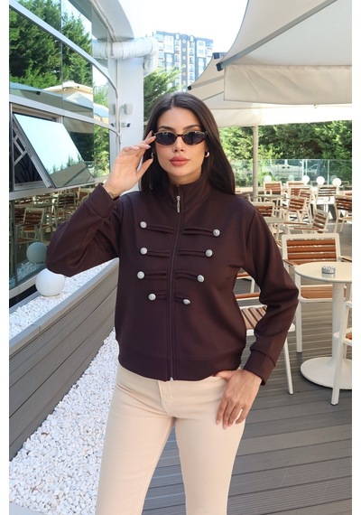 Kechi Woman Scuba Kumaş Çin Düğmeli Fermuarlı Ceket Kahverengi