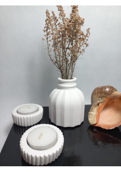 İnce Çizgili Vazo - Modern & Minimal Dekoratif Obje, Salon Ve Ofis Çiçeklik, Beyaz Beyaz