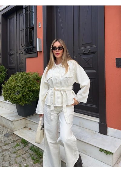 Kahverengi Yıkamalı Bağlamalı Denim Ceket Pantolon Takım
