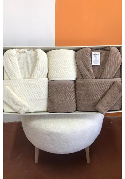 Zebra 8 Parça Aile Bornoz Takımı Krem - Kahve Çok Renkli