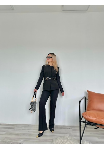 Keymoda Kadın Gold Kemerli Ceket Pantolon Takım Siyah Siyah