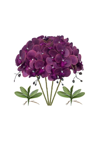 4lü Set Yapay Çiçek Koyu Mor Islak Orkide Ve 2 Adet Orkide Yaprağı Gerçeksi Doku Uzun Dal 90cm