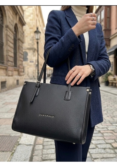 Just Polo Kadın Yeni Sezon Yumuşak Deri Büyük Boy Fermuarlı Lüks Tasarım El Çantası Shopper Siyah