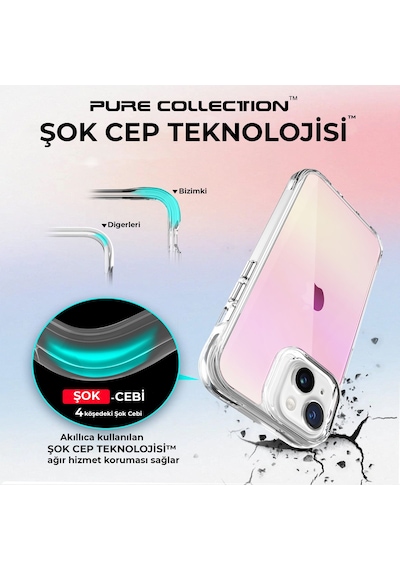 Bix Apple Uyumlu iPhone 15 Pure Rainbow Renk Geçişli Şeffaf Kılıf Çizilmeye Dayanıklı Darbe Emici Pembe