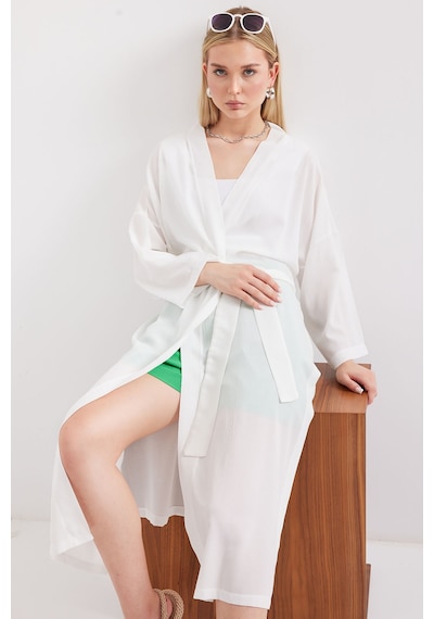 Bigdart 5835 Yırtmaçlı Yazlık Kimono - Beyaz 001