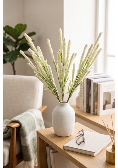 Yapay Çiçek Lateks Köpük Beyaz Lavanta Dalı 35cm Dekoratif Çiçek