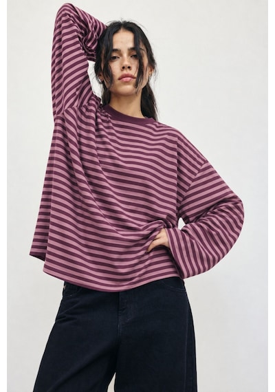 Hiccup Bıpantolon Kadın Oversize Çizgili Bisiklet Yaka Sweatshirt Mor