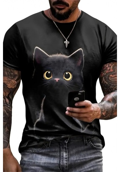 Efnaz Style Erkek Bisiklet Yaka Kedi Baskılı Süprem T-shirt Siyah