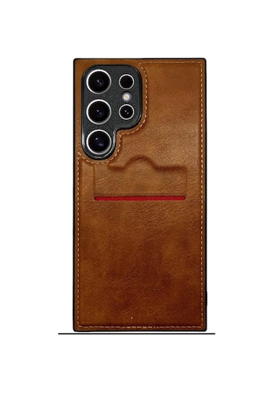 Desingshop Samsung Uyumlu Galaxy S24 Ultra İçin Deri Telefon Kılıfı, Kartlıklı, Kahverengi