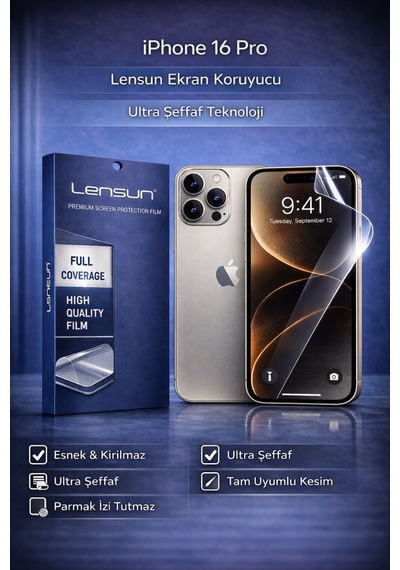 Lensun Apple iPhone Uyumlu  16 Pro Ultra Şeffaf Ekran Koruyucu Film