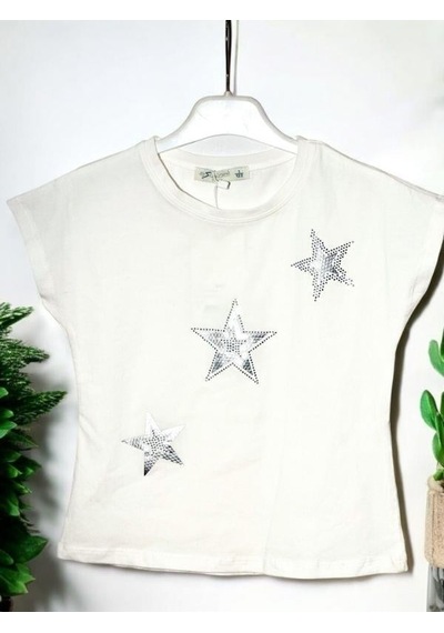 Escabel Kız Çocuk Pamuklu Yıldız Taşlı Kısa Kol T-shirt-15715 Ekru