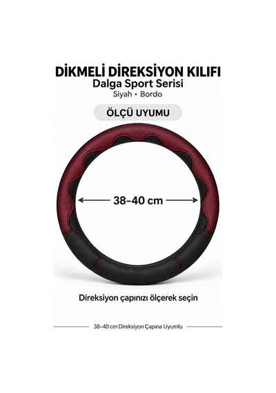 Trobus Ford Fiesta 2018-2023 Uyumlu Dikmeli Direksiyon Kılıfı Dalga Sport Deri Siyah Bordo Siyah - Bordo