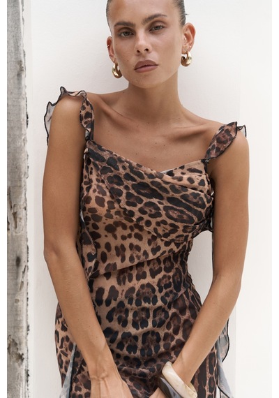 Mai Collection Mai Studios Co. Magi Fırfır Detay Leopar Uzun Elbise Leopar Desenlı
