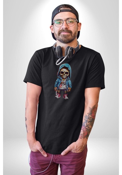 Hiphop Kurukafa Hoodie Unisex Unisex Siyah Organik Baskılı T-shirt Penye Yüksek Kalite Siyah
