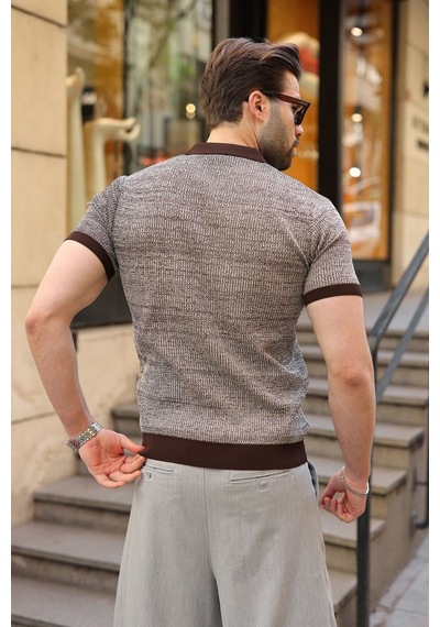 Madmext Kahverengi Polo Yaka Regular Fit Erkek Triko Tişört E7496 Taş Rengi