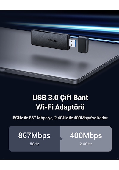 Ugreen Ac1300 Usb 3.0 1300mbps 2.4/5ghz Wi-fi Kablosuz Alıcı Ağ Adaptörü, 50340