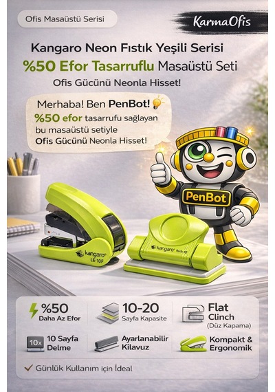 Neon Fıstık Yeşili Zımba + Delgeç Seti %50 Daha Az Efor, Flat Clinch Masaüstü Ofis Seti Yeşil