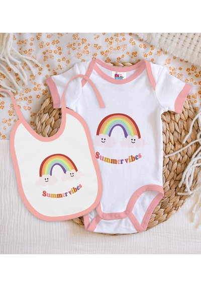 Bk Kids Summer Vibes Tasarımlı Pembe Bebek Body Zıbın Ve Mama Önlüğü Hediye Seti-2 Çok Renkli