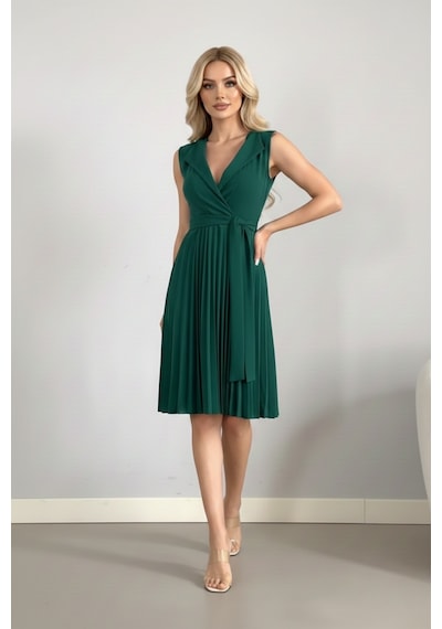 Defymoda Kadın Plise Detaylı Kuşaklı Modern Elbise Yeşil