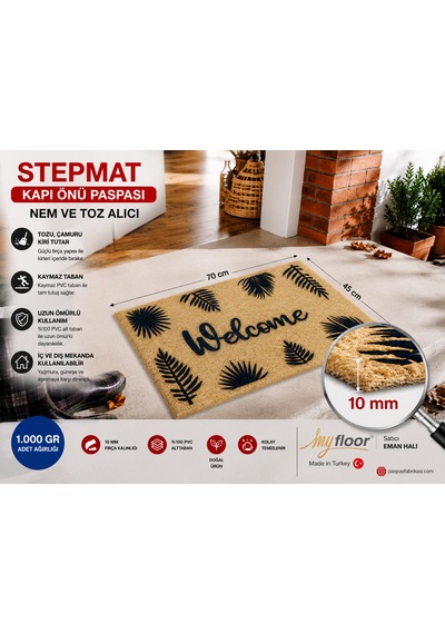 Stepmat Nem Ve Toz Alıcı Velür Coco Kapı Önü Paspası Welcome Kahverengi