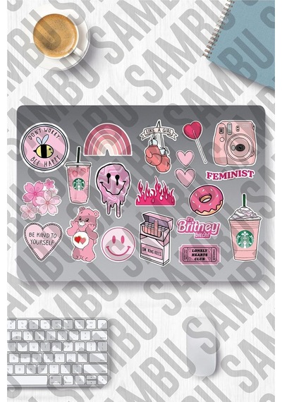 Pink Aesthetic Temalı Sticker Etiket Seti 3 - Pembe Sticker - Laptop Notebook Telefon