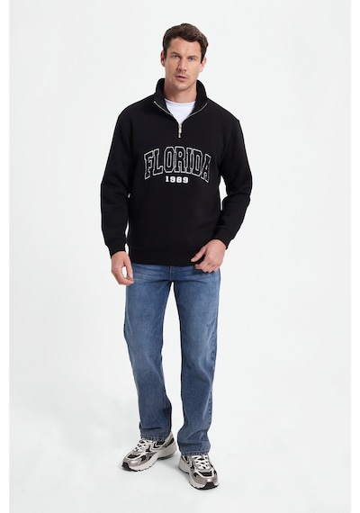Tudors Erkek Relax Fit Rahat Kesim Pamuklu Yarım Fermuarlı Baskılı Siyah Sweatshirt-42315 Sİyah