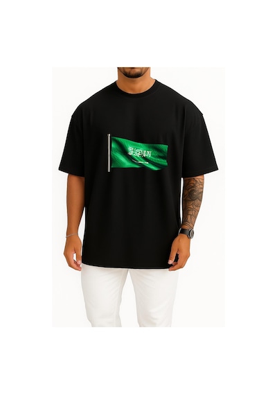 Bahriyeli Collection Oversize Suudi Arabistan Bayrak Göğüs Tasarımlı Unisex T-shirt SIYAH