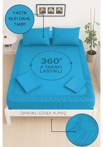 Mirava Premium %100 Pamuk Penye Lastikli Tek Kişilik Çarşaf Takımı 1 Yastık Kılıfı Dahil Turkuaz 100x200cm Turkuaz