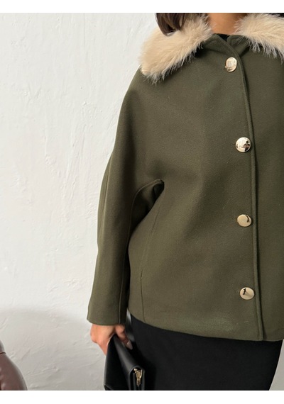 Verymoda Peluş Yakalı Dügmeli Kaşe Mont F2048 Haki