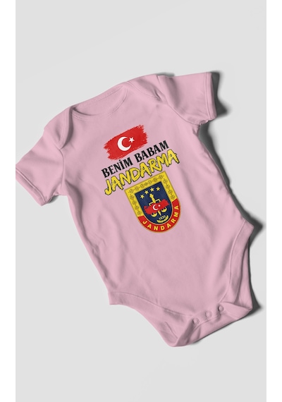 Morivokids Benim Babam Jandarma Kısa Kollu Bebek Body %100 Pamuk Koyu Pembe