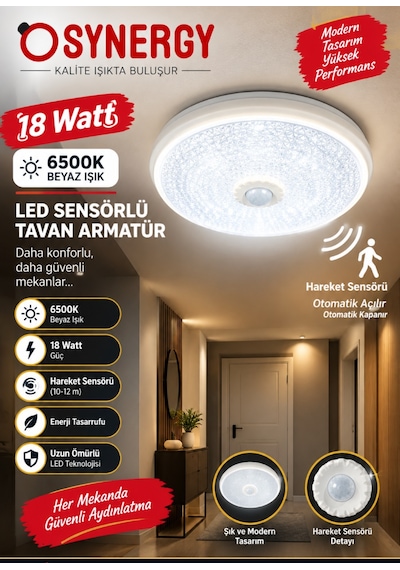 Synergy 18 Watt 6500k Led Sensörlü Tavan Armatür Beyaz