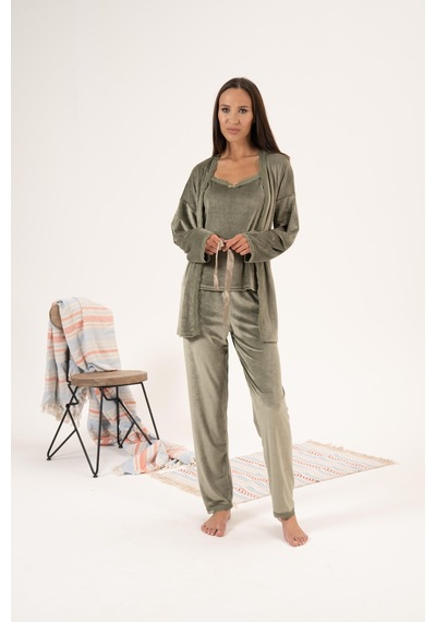 Estiva Kadın Kışlık 3 Parça Sabahlıklı Kadife Pijama Takımı 001