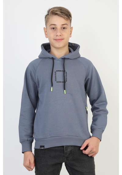 Kapüşonlu Fermuarlı Cepli Erkek Çocuk Sweatshirt-90916 İndigo
