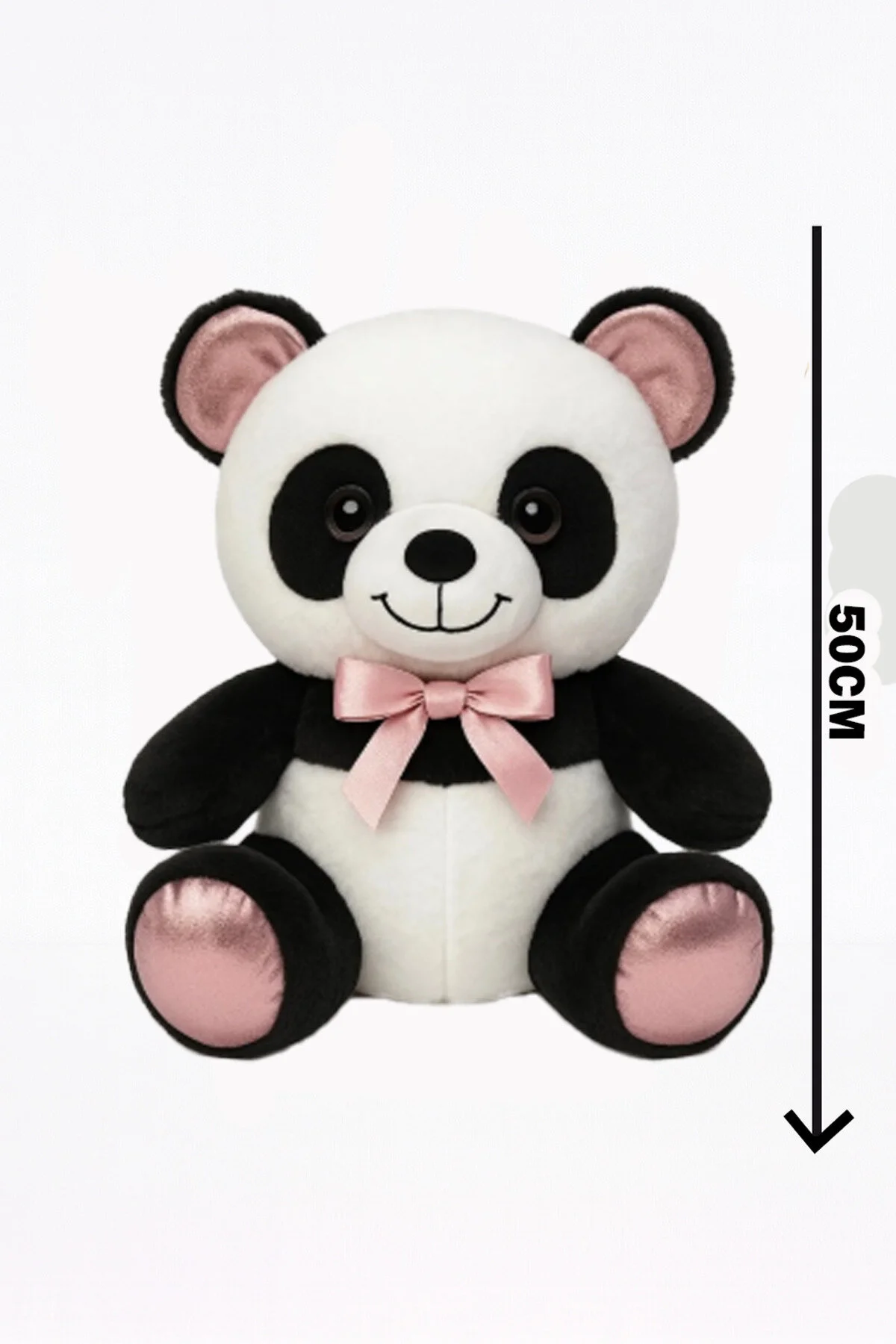 Panda Pembe Kurdeleli 50 Cm Sevimli & Yumuşak Oyuncak Siyah - Pembe