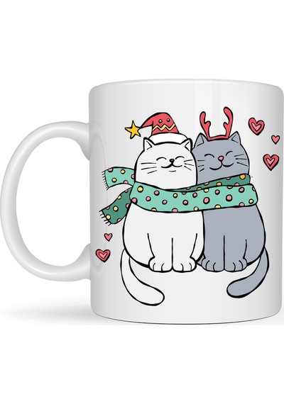 Sevimli Kedi Figürlü Yılbaşı Temalı Porselen Kupa Model 75 Aşık Kediler Desenli, Sıcacık Tasarım, Kahve & Çay Kupası Diğer