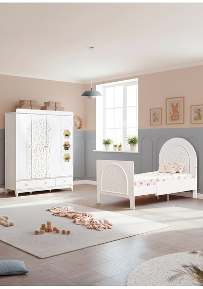 Garden Çocuk Odası Takımı, Garden 4 Kapaklı Dolap, Garden Büyüyen Beşik - Beyaz