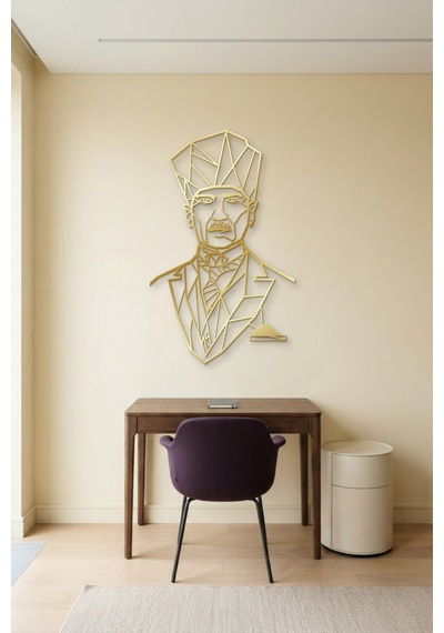 Atatürk Çizgi Metal Duvar Tablosu - Duvar Sanatı - Duvar Dekoru - Altın