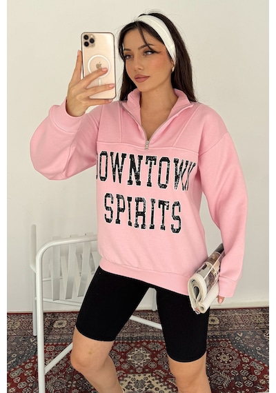 Noa & Noa Kadın Fermuarlı Baskılı Sweatshirt Downtown Energy Pembe