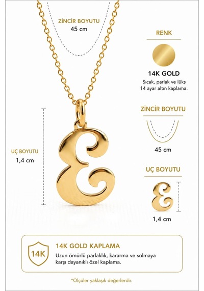 925 Ayar Gümüş 14 Ayar Altın Kaplama E Harfi Vintage Harfli Kolye Retro Harf Kolye Gold