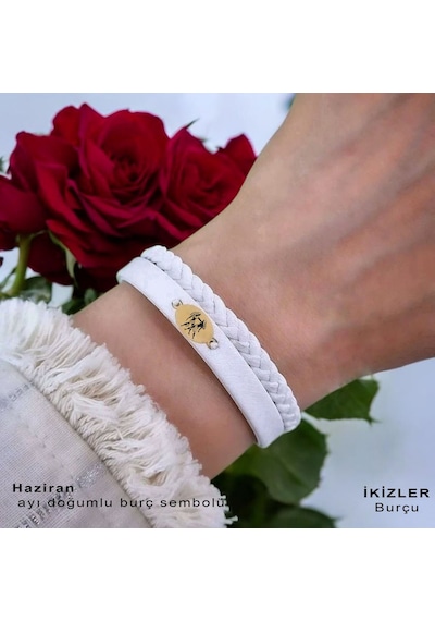 İkizler Burçlarına 14 Ayar Altın Plakalı Oval Motifli Doğal Beyaz Derili Hediye Bileklik-380burç İkizler İkizler Burçlarına 14 Ayar Altın Plakalı Oval Motifli Doğal Beyaz Derili Hediye Bileklik-380burç İkizler