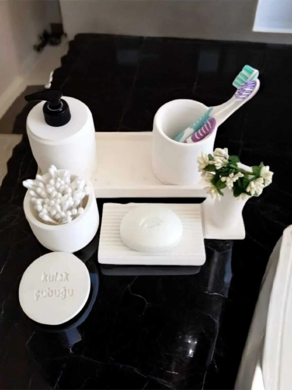 Kırık Beyaz Beton Banyo Seti Tuvalet Wc Sıvı Sabunluk Diş Fırçalığı Beton Aksesuar Takım Beyaz