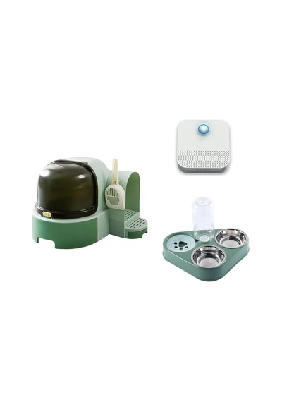 Mega Paket Büyük Boy Kedi Tuvaleti+kedi Koku Giderici+mama Su Kabı Yeşil