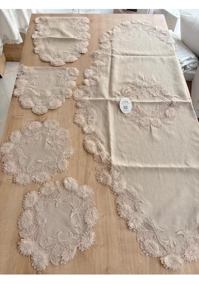 Salon Takımı Çeyizlik Kapiçino Runner Set 5 Parça Keten Masa Örtüsü Runneri Flowers Diğer