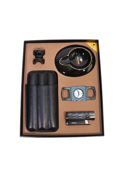 Cohiba 4 Torch Pürmüz Çakmak Kılıf Küllük Kesici Sehpa Karbon Desenli Siyah Beşli Puro Seti Tr10023