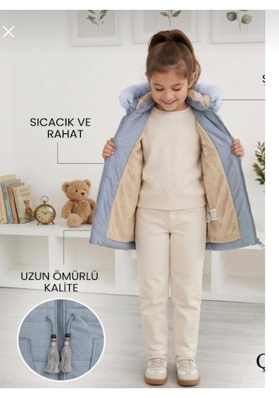 Kız Çocuk Şişme Mont Kaban Kürklü Çıkarılabilir Kapüşonlu Fermuarlı Açık Mavi