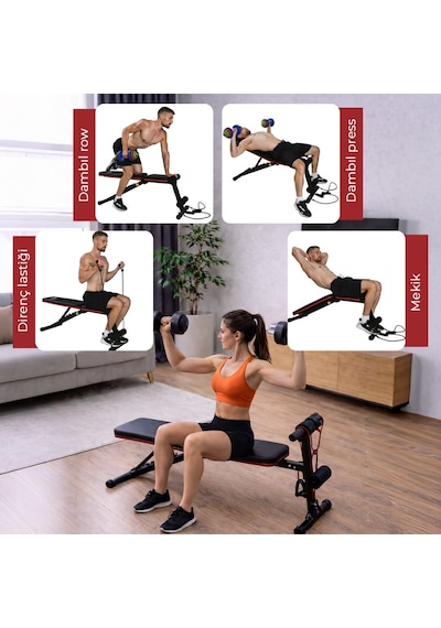 Ev Tipi Çok Fonksiyonlu Dambıl Bench Press Ve Mekik Sehpası Antrenman Aleti Direnç Lastiği Hediye