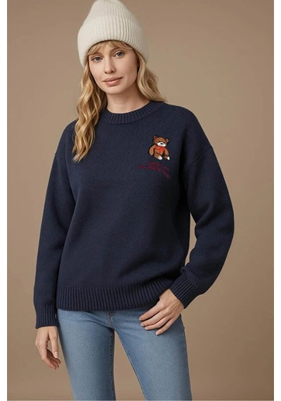 Fashion Friends Bisiklet Yaka Nakışlı İndigo Kadın Kazak 25k0313k1
