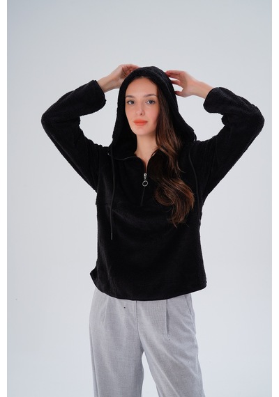 Gülmina Moda Kadın Çift Taraflı Wellsoft Yarım Fermuarlı Kapişonlu Sweat - Siyah