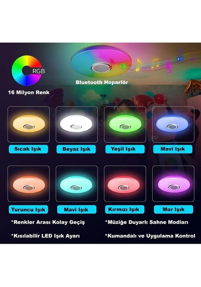 Kenly Smart Rgb Led Tavan Lambası Bluetooth Hoparlörlü 60w Müzik Senkronlu Renk Değiştiren Akıllı Avize
